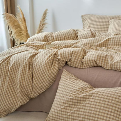 LifeTB Brown Gingham Duvet Cover Twin Size 100% Washed Cotton Beige Tan Plaid Checkered Comforter Cover Soft Breathable Grid Plaid Duvet Cover Farmhouse Gingham Bedding Set for All Seasons