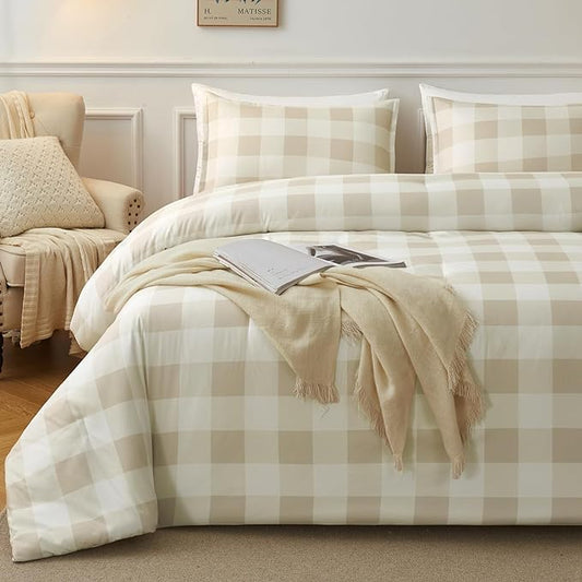 Andency Beige Grid Comforter Set Full Size (79x90 Inch), 3 Pieces(1 Grid Comforter and 2 Pillowcases), Summer Lightweight Microfiber Down Alternative Beige Comforter