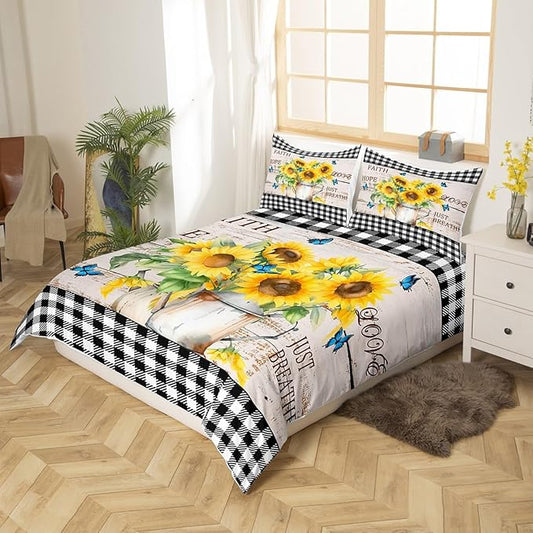 Yellow Sunflowers Bedding Set Rustic Farmhouse Style Duvet Cover Set Black White Plaid Comforter Cover Retro Gingham Bedspread Cover Bedroom Quilt Cover Twin with 1 Pillowcase,No Comforter
