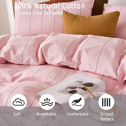 Merryword Pink Striped Duvet Cover Set Queen Size - 100% Cotton Bedding Set with Wide Zipper & 8 Corner Ties, Soft Breathable Bedding Set Elegant Pastel Comforter Cover for All Seasons
