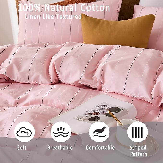 Merryword Pink Striped Duvet Cover Set King Size - 100% Cotton Bedding Set with Wide Zipper & 8 Corner Ties, Soft Breathable Bedding Set Elegant Pastel Comforter Cover for All Seasons