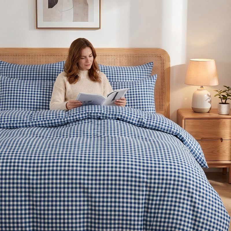 NEXHOME PRO Blue Gingham Duvet Cover King, 100% Washed Cotton Like Linen Feel Organic Natural Bedding Set 3 Piece Navy Vintage Plaid Checkered Comforter Cover Set (No Comforter) 10490