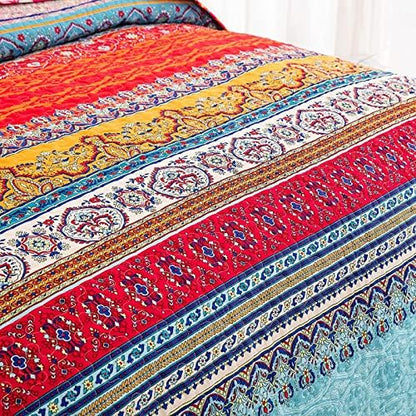 WONGS BEDDING Boho Quilt California King, Orange Blue Stripe Bedding Set