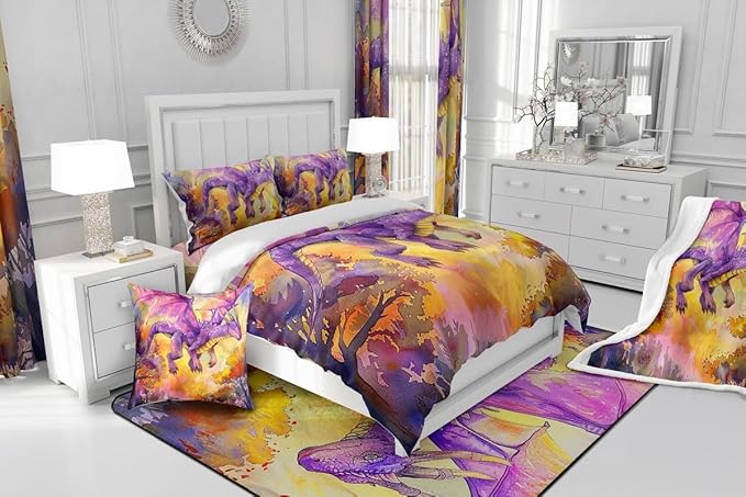 Purple Dragon Bedding Set Full Size,Cartoon Animal Comforter Set for Kids Boys Girls Room Decor,Watercolor Abstract Art Duvet Insert 3Pcs,Jungle Flying Dragon Wildlife Quilt Set,2 Pillowcases