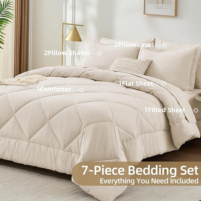 FUANNA 7 Pieces King Size Comforter Set, All Season Bed in a Bag King Size, Luxury Soft Bedding Sets with Comforter, Flat Sheet, Fitted Sheet, Pillowcases & Pillow Shams, Beige