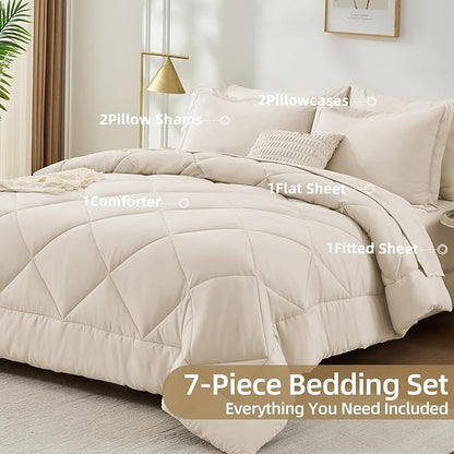 FUANNA 7 Pieces Queen Comforter Set, All Season Bed in a Bag Queen Size, Luxury Soft Bedding Sets with Comforter, Flat Sheet, Fitted Sheet, Pillowcases & Pillow Shams, Beige