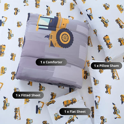 Cokouchyi Twin Size Comforter Set for Boys, 4-Piece Bed in a Bag, 3D Construction Bedding Comforter Sheet Set, Ultra Soft and Fluffy, Cartoon Truck Cars