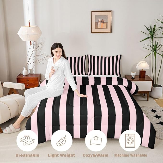 Erosebridal Pink and Black Striped Comforter Set King Size Simple Vertical Stripes Bedding Set Cute Retro Vintage Stripe Bed Collections Modern Abstract Minimalist Aesthetic Duvet Insert