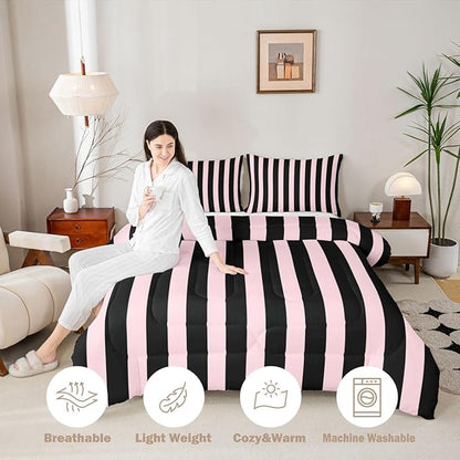Erosebridal Pink and Black Striped Comforter Set King Size Simple Vertical Stripes Bedding Set Cute Retro Vintage Stripe Bed Collections Modern Abstract Minimalist Aesthetic Duvet Insert