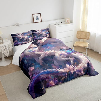 Dragon Twin Size Comforter Set for All Seasons,Dreamy Cartoon Animals Bedding Set Teens Bedroom Decor,Watercolor Flowers Comforter Inner Fill with 1 Pillowcase