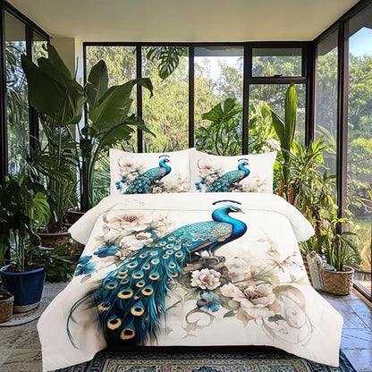Teal Peacock Comforter Set Queen Size, Elegant Birds Flower Bedding Set for Women Girls, Watercolor Floral Decor Comforter, 3Pieces Ultar Soft Fluffy Quilt with 2 Pillowcases,90 * 90