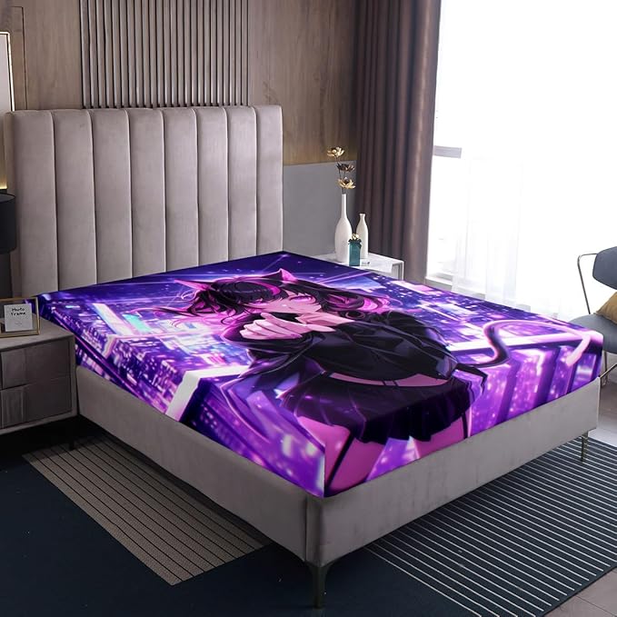 Erosebridal Kids Anime Girl Queen Size Bed Sheets, Japanese Anime Fitted Sheet, Cartoon Girl Bedding Set for Boys Teens Bedroom Decor, Kawaii Japanese Animation Bed Set with 2 Pillow Cases