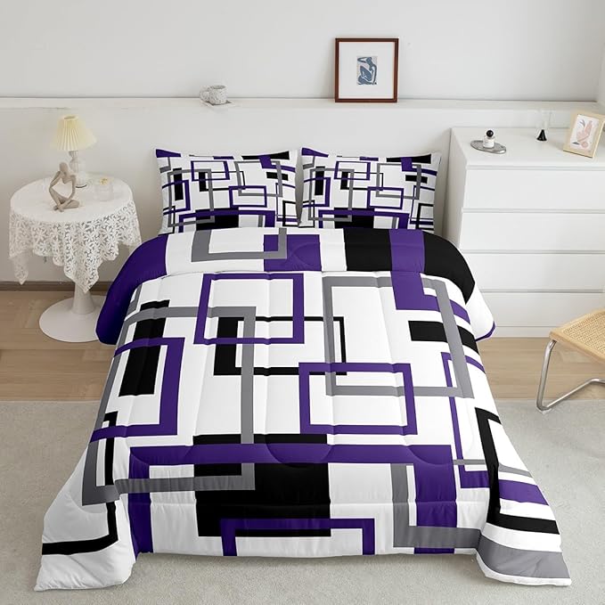 Erosebridal Geometric Comforter Set for Kids Boys Girls,Vintage Black White Grey Purple Bedding Set Twin Size,Modern Farmhouse Quilt Bedroom Decor,Striped Pattern Duvet Insert with 1 Pillow Sham