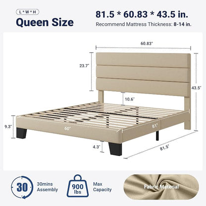 Allewie Queen Size Platform Bed Frame with Fabric Upholstered Headboard | Wooden Slats Support, Fully Upholstered Mattress Foundation, No Box Spring Needed, Easy Assembly, Noise-Free, Beige