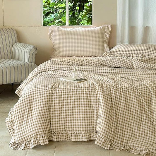 NSNLGSGC Tan Ruffle Gingham Comforter Set Queen, Pre-Washed Ruffled Taupe Plaid Checked Comforter Bedding, 3 Pieces Vintage Farmhouse Grid Bedding Set(Tan Gingham, Queen)