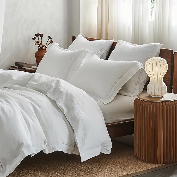 Simple&Opulence 100% Washed Linen Duvet Cover with Embroidered, 3 Pieces Soft Farmhouse Comforter Set with Button Closure,1 Duvet Cover and 2 Pillowshams(Full,White)