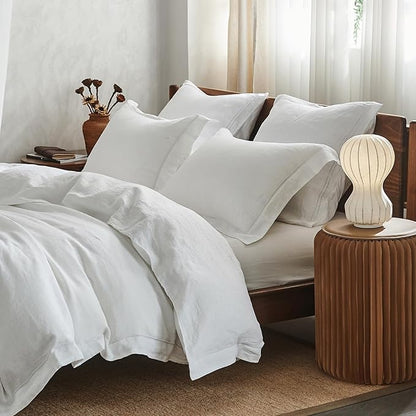 Simple&Opulence 100% Washed Linen Duvet Cover with Embroidered, 3 Pieces Soft Farmhouse Comforter Set with Button Closure,1 Duvet Cover and 2 Pillowshams(Full,White)