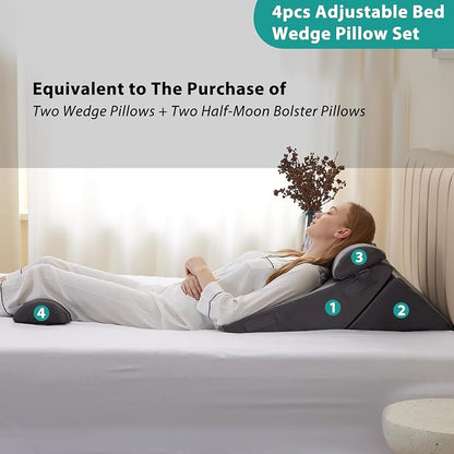 Adjustable 4pcs Bed Wedge Pillow Set, Memory Foam Wedge Pillows Post Surgery for Back, Neck, Leg Pain Relief, Pillow Wedge for Sleeping, Sitting up in Bed, Acid Reflux and GERD, Velvet