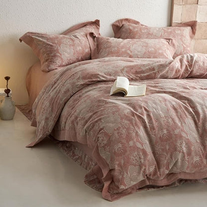 VM VOUGEMARKET Jacquard Floral Duvet Cover Set King,Yarn-Dyed Cotton Blush Pink Flower Duvet Cover Bordered,Vintage Garden Style Bedding Set King Size 3 Pieces