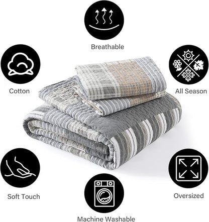 PANGUSHAN Quilt Set Queen Size, 100% Cotton Quilt Bedding Set Bedspreads, Patchwork Plaid Farmhouse Reversible Lightweight Comforter Bed Spread for Queen Bed, Gray/Brown, 3 Pieces