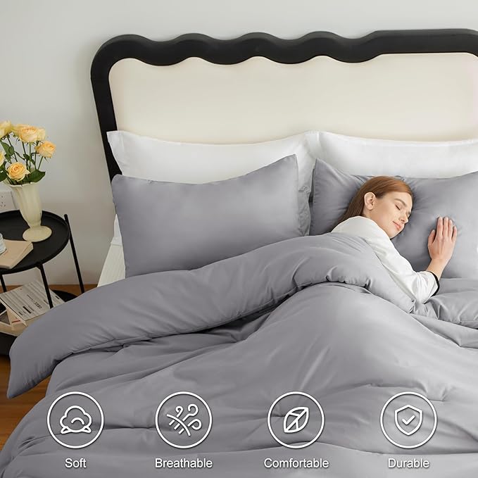 CozyLux King Size Comforter Set Grey, 3 Pieces Solid Comforters King Size Breathable Quilted Bedding Sets, Gray Luxury Soft Lightweight Bed Set with Down Alternative Comforter and 2 Pillowcases