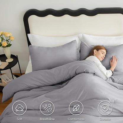 CozyLux King Size Comforter Set Grey, 3 Pieces Solid Comforters King Size Breathable Quilted Bedding Sets, Gray Luxury Soft Lightweight Bed Set with Down Alternative Comforter and 2 Pillowcases