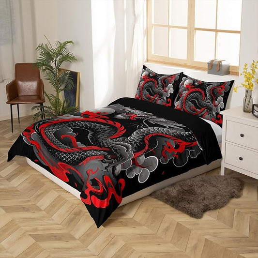 Feelyou Dragon Bedding Set Toddler Size Kids Japanese Ukiyoe Comforter Cover Set Japanese Style 3D Dragon Anime Ancient Wildlife Sun Duvet Cover Black Bedspread Cover Quilt Cover,No Comforter
