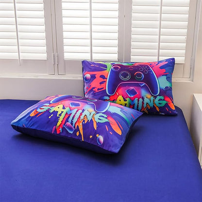 Aimuan Gaming Comforter Sets for Boys Kids Bedding Sets Video Games Console Action Buttons Novelty Colorful Game Gamepad Controller Modern Gamer Room Decor Home Quilt Set (Twin 6 Pcs,Purple)