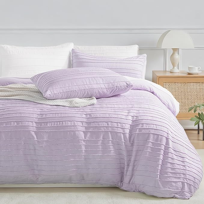 NEXHOME PRO Duvet Cover,3 Pieces Boho Tufted Duvet Cover Set, Soft and Lightweight 100% Washed Microfiber Comforter Cover Set(Lavender,104 x 98)-No Comforter