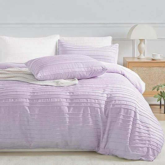 NEXHOME PRO Duvet Cover Full,3 Pieces Boho Tufted Duvet Cover Set, Soft and Lightweight 100% Washed Microfiber Comforter Cover Set for All Season(Lavender,80 x 90)-No Comforter