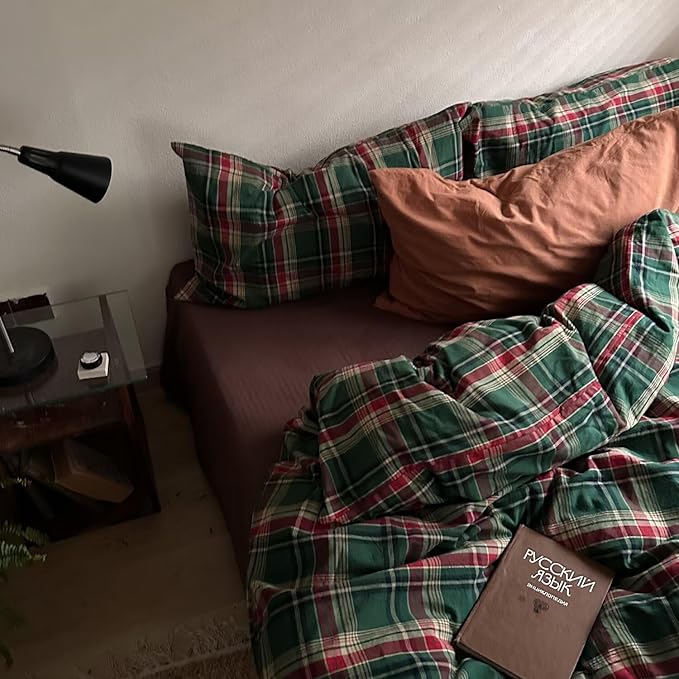 MKXI Vintage Buffalo Plaid Duvet Cover Set 3-Piece | 100% Washed Cotton Reversible Bedding Green/Red Checkered King Size with Zipper & Corner Ties Farmhouse & Shabby Chic Design