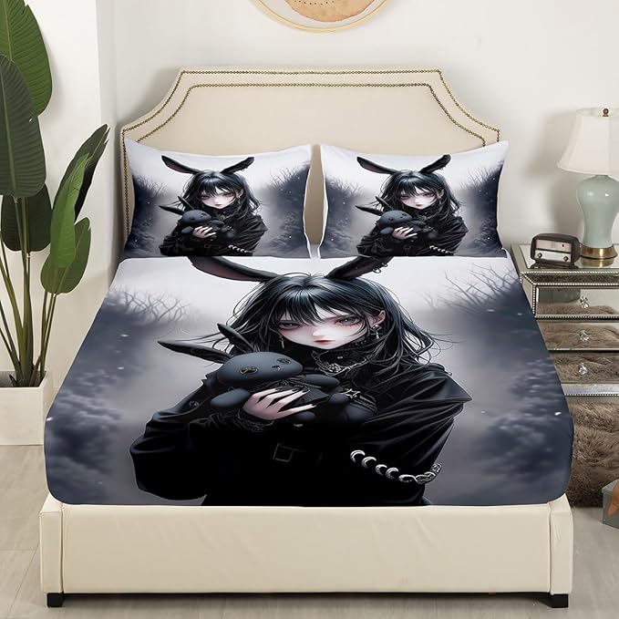 Anime Fitted Sheet 3D Japanese Girl Bed Sheets Full,Anime Gifts Sheets for Girls,Gothic Cartoon Rabbit Print Bedding Set Exotic Style Bed Set for Room Decor,Black