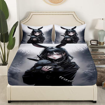 Anime Bed Sheets 3D Japanese Girl Fitted Sheet Twin,Anime Gifts Sheets for Girls,Gothic Cartoon Rabbit Print Bed Set for Room Decor