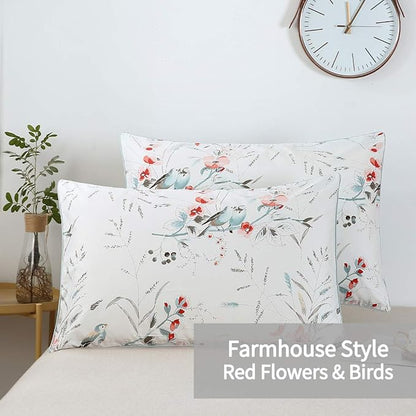 WINLIFE 100% Cotton Pillowcases Garden Floral Birds Printed on White Pillow Cases Set of 2 Pillow Cover (Queen 20x30'', Birds Floral)