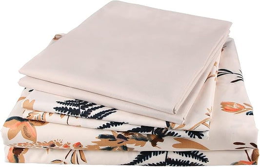 JSD Boho Floral Print Sheet Set Queen 6 Piece, Soft Blush Botanical Pattern Microfiber Bed Sheets Extra Deep Pocket