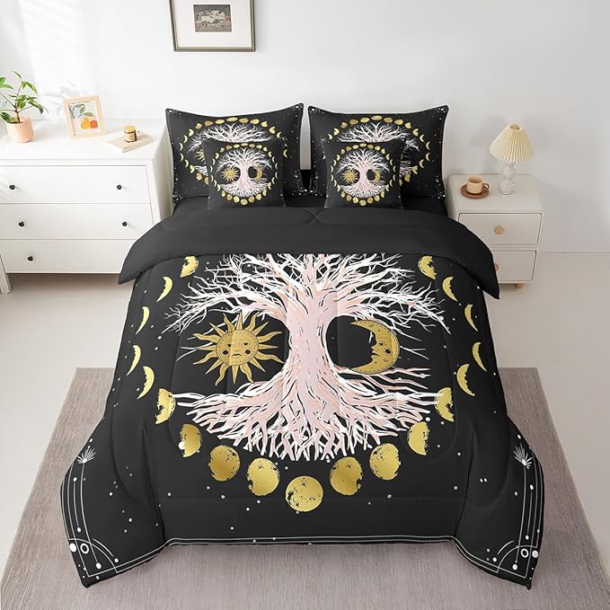 Erosebridal Sun and Moon Bed in a Bag Queen Comforter Set 7 Piece,Tree of Life Bedding Sets Galaxy Starry Sky Bohemian Sheet Set with Comforter