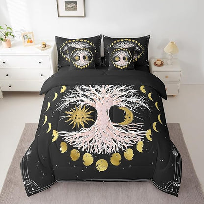 Erosebridal Sun and Moon Comforter Set 7 Piece Bed in a Bag Twin,Tree of Life Bedding Sets Galaxy Starry Sky Bohemian Sheet Set with Comforter
