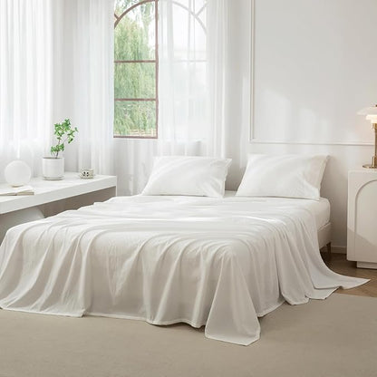 JIYUAN Twin Size Sheet Set, 3-Piece - 100% Washed Cotton, Linen-Like Soft & Breathable, Includes Deep Pocket Fitted & Flat Sheet with 1 Pillowcases, Hotel Quality, Solid Off White