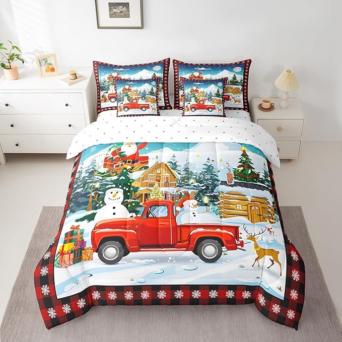 Cartoon Christmas Truck Comforter Set Bed in a Bag 7 Pieces King,Watercolor Snowman Santa Claus Bedding Set, Cabin (Comforter+Fitted+Flat Sheet+2 Pillowcases+2 Throw Pillow Covers)