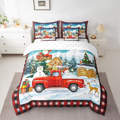 Cartoon Christmas Truck Comforter Set Bed in a Bag 7 Pieces King,Watercolor Snowman Santa Claus Bedding Set, Cabin (Comforter+Fitted+Flat Sheet+2 Pillowcases+2 Throw Pillow Covers)