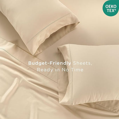 Threadmill Cotton Queen Sheet Set | 100% Cotton Sheets for Queen Size Bed | Solid Sateen Queen Bed Sheets Set with 16” Deep Pocket | Soft Breathable 4-Piece Cooling Bedding Sheet Set | Beige