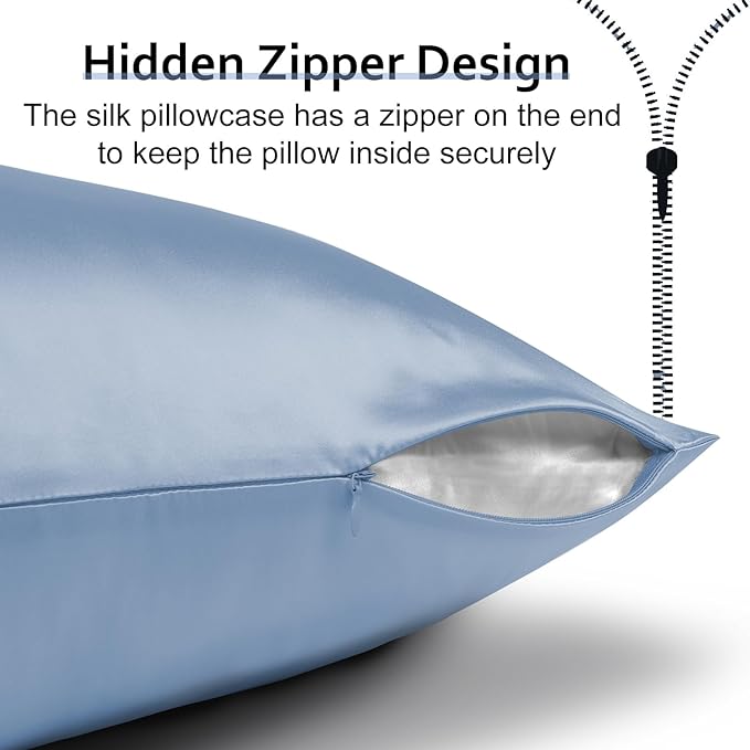 Ravmix Silk Pillow Cases with Zipper, 21momme Mulberry Silk Pillowcase for Hair Skin Health, Soft Smooth Breathable Cool Pillow Cover for Beauty Sleep with Gift Box 1PC(Queen 20"x30", Flint Blue)