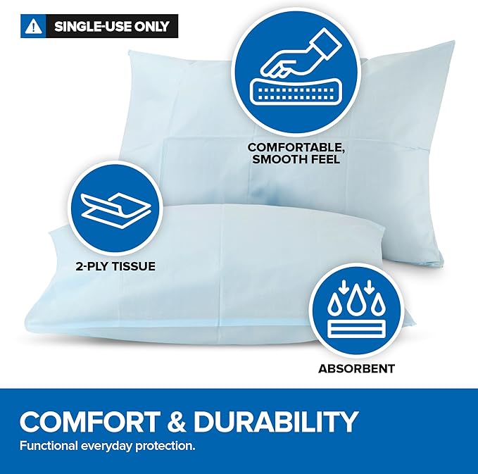 Stock Your Home (400 Count) Disposable Pillow Case Covers, Tissue/Poly 21" x 30" Standard Size, Single-Use Pillowcases with Moisture Barrier in Blue