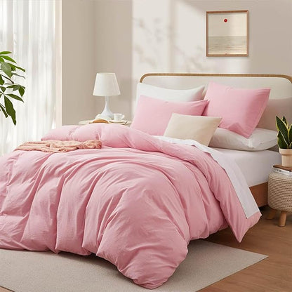 LOVQUE Pink Duvet Cover Full Size, 100% Washed Cotton Linen Like Bedding Set with Zipper Closure (No Comforter), 80x90 Inches