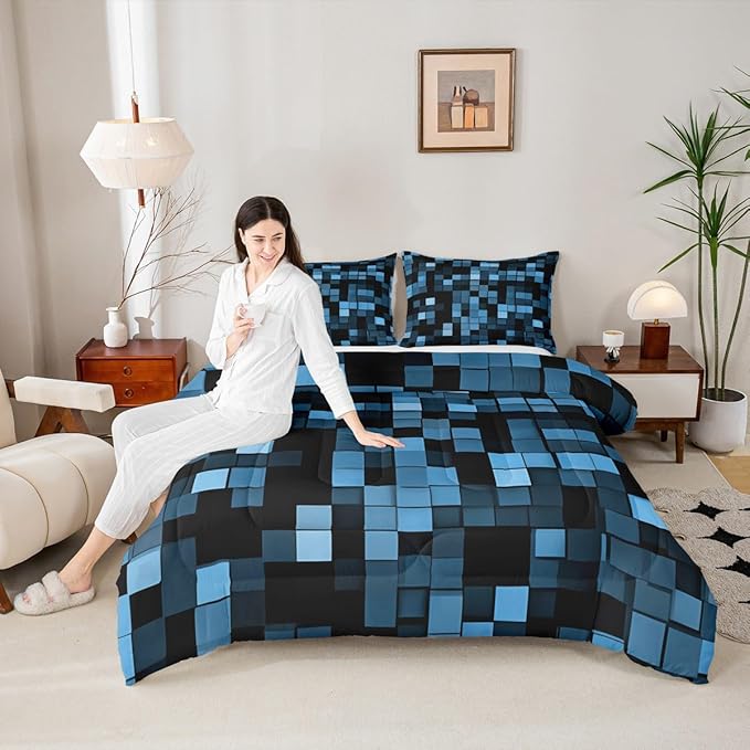 Pixelated Blocks Kids Bedding Set Queen Size,Patchwork Square Video Games Comforter Set，Geometric Patchwork Grid Quilt Comforter,Blue Bedroom Duvet Insert,2 Pillowcases