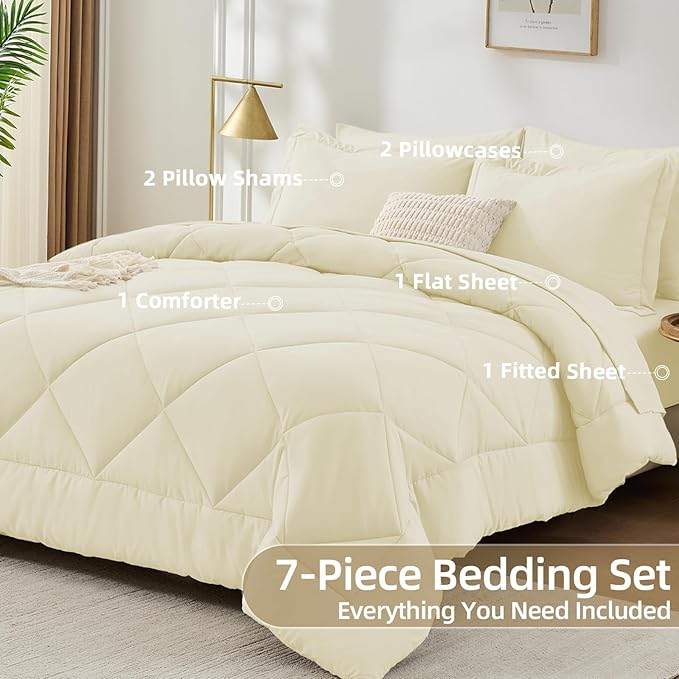 FUANNA 7 Pieces Full Size Comforter Sets, All Season Bedding Sets Full Size, Luxury Soft Bed in a Bag with Comforter, Flat Sheet, Fitted Sheet, Pillowcases & Pillow Shams, Cream White