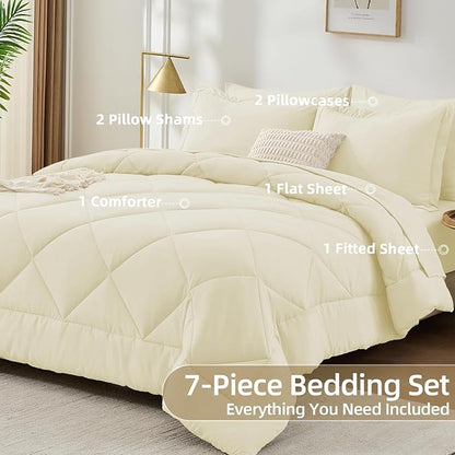 FUANNA 7 Pieces Full Size Comforter Sets, All Season Bedding Sets Full Size, Luxury Soft Bed in a Bag with Comforter, Flat Sheet, Fitted Sheet, Pillowcases & Pillow Shams, Cream White