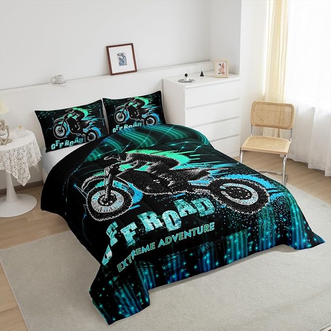 Feelyou Dirt Bike Comforter Set Twin Size Extreme Sports Comforter Racing Motocross Rider Bedding Set Motorcycle Duvet Set Room Decor Blue Green Quilt Set