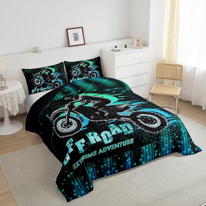 Feelyou Dirt Bike Comforter Set King Size Extreme Sports Comforter Racing Motocross Rider Bedding Set Motorcycle Duvet Set Room Decor Blue Green Quilt Set