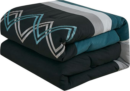 Chezmoi Collection Arden 7-Piece Modern Pleated Stripe Embroidered Zigzag Bedding Comforter Set (King, Teal/Black/Gray)